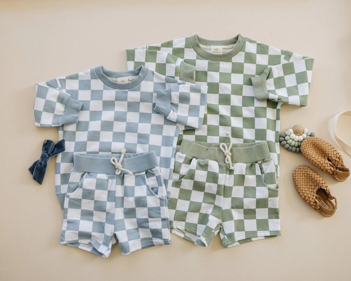 Little Joy Co. Organic Cotton Checkered Crewneck and Shorts Set for Kids - Everetts Place Boutique - 