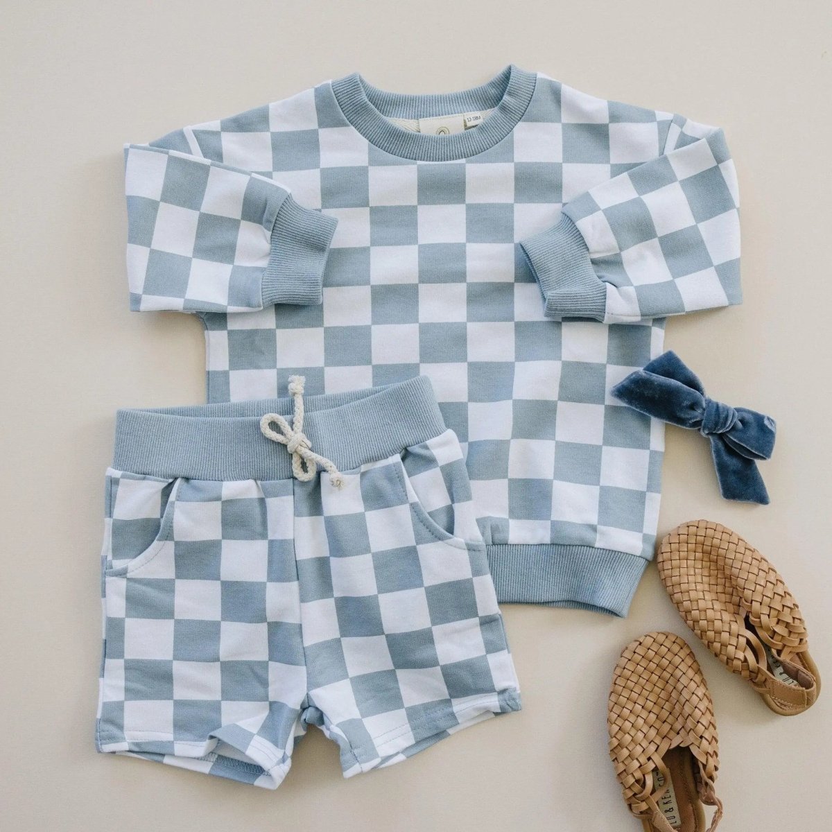 Little Joy Co. Organic Cotton Checkered Crewneck and Shorts Set for Kids - Everetts Place Boutique - 