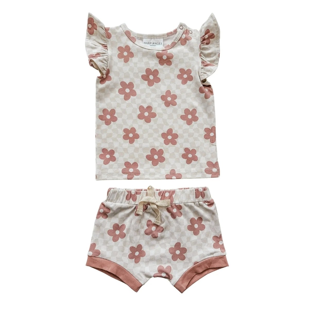 Harp Angel Boutique Organic Cotton Checkered Daisy Ruffle Short Set for Comfortable Girls - 