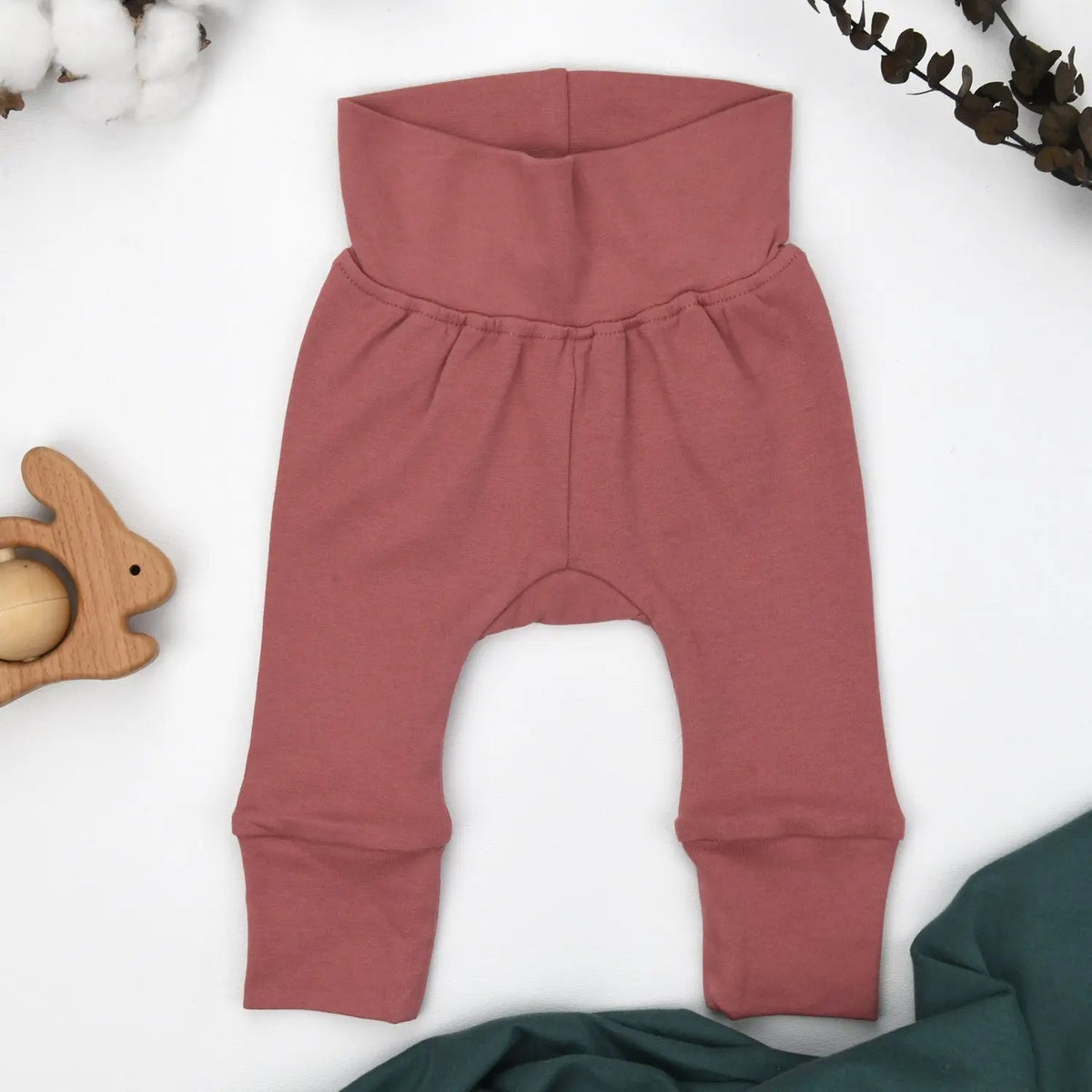 Earthy Organic Cotton High Waist Baby Pants, Dusty Rose - 
