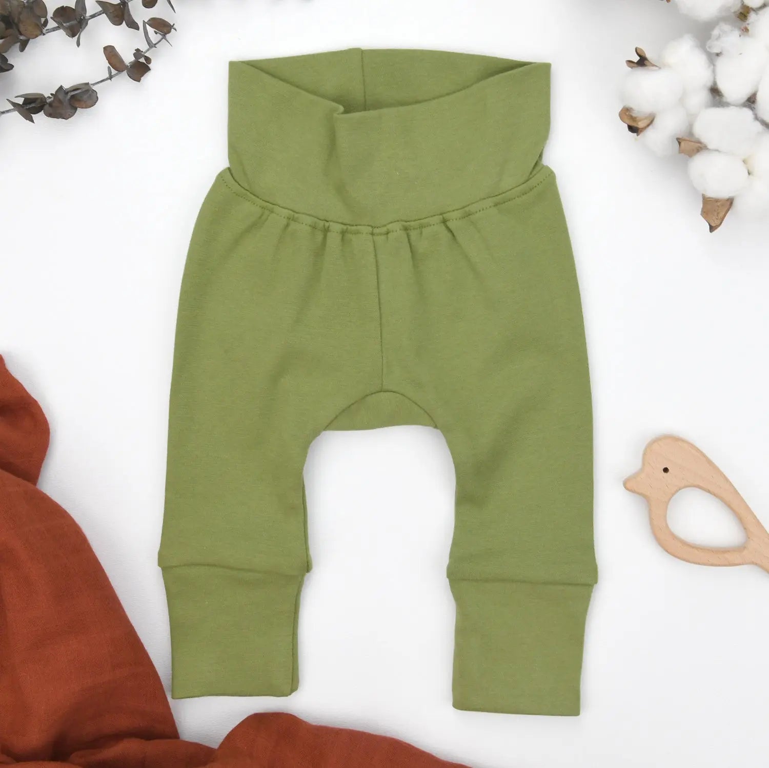 Earthy Organic Cotton High Waist Baby Pants, Oregano - 