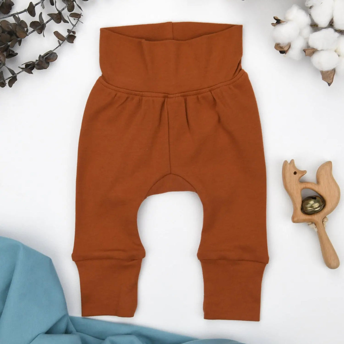 Earthy Organic Cotton High Waist Baby Pants, Pecan - 
