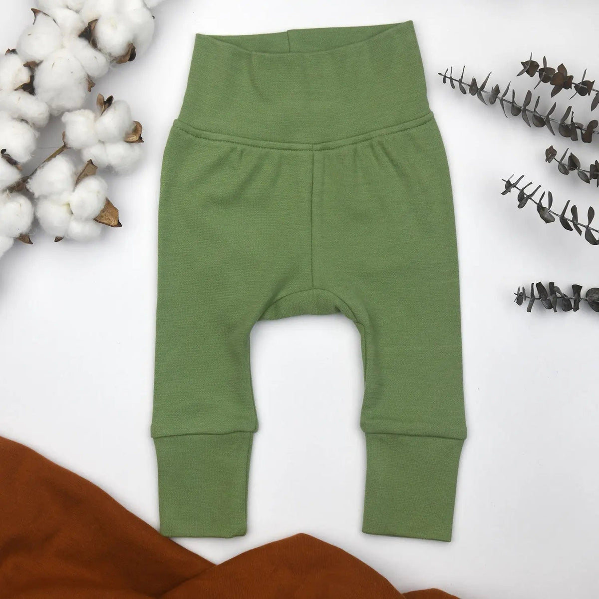 Earthy Organic Cotton High Waist Baby Pants, Sage Green - 