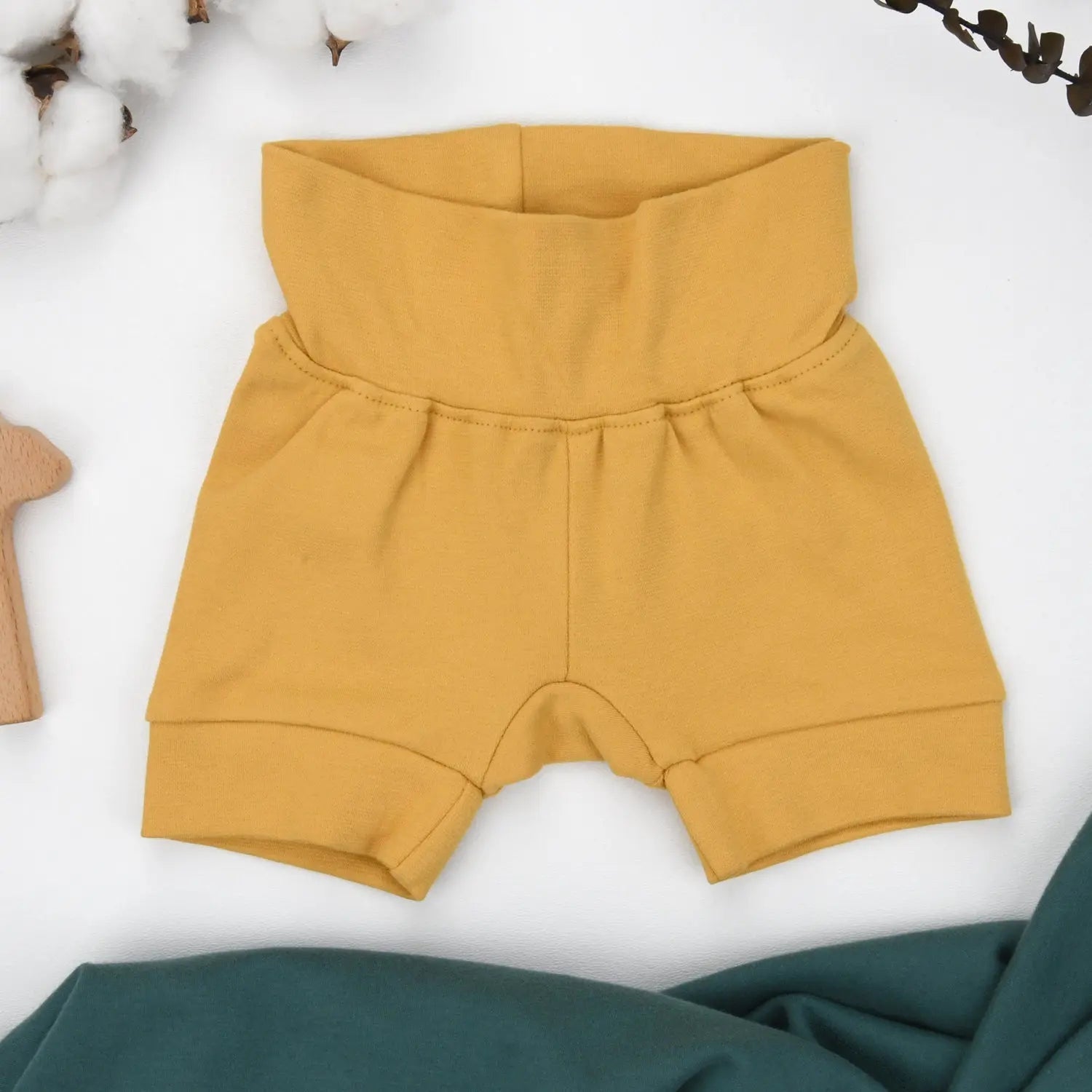 Earthy Organic Cotton High Waist Baby Shorts, Butterscotch - 