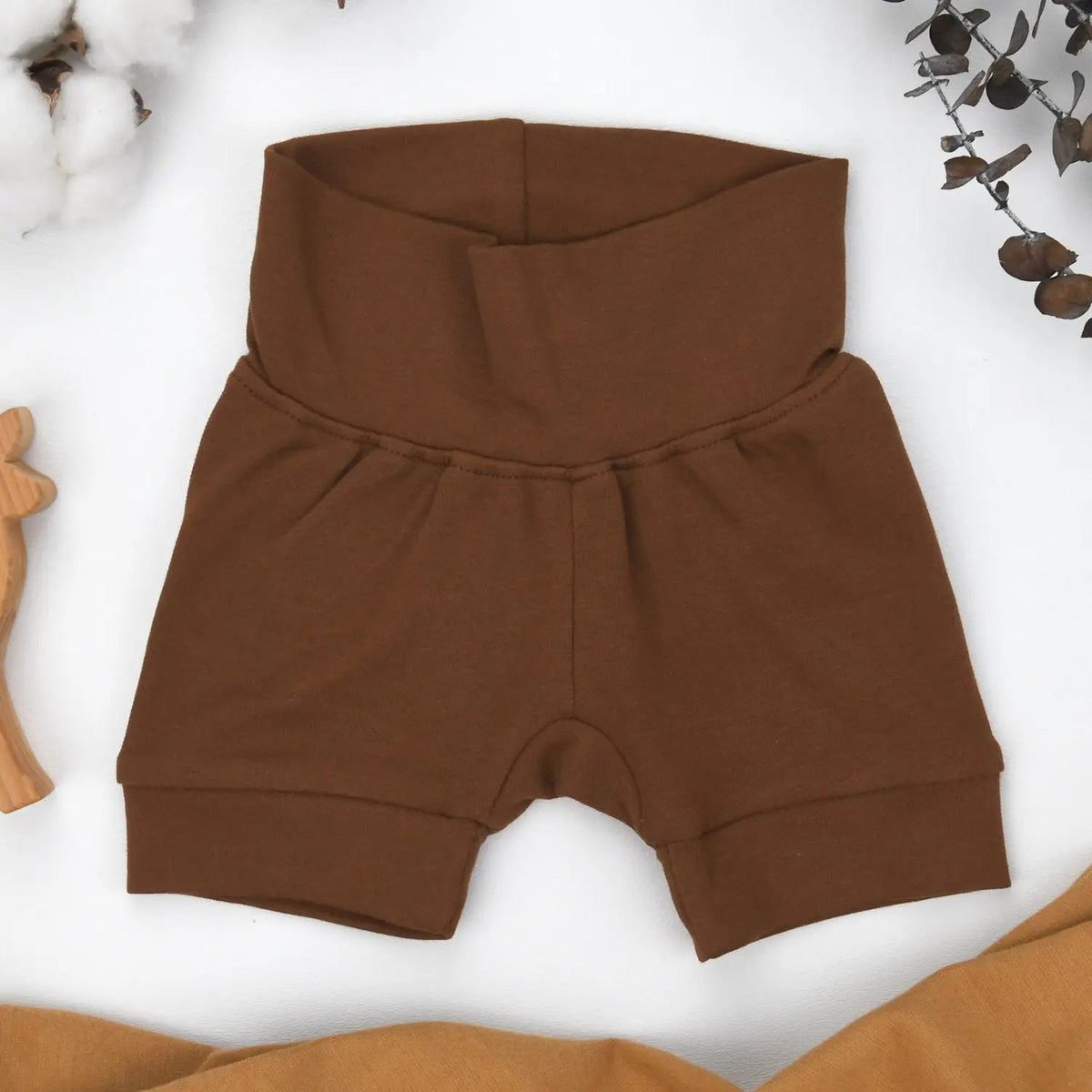 Earthy Organic Cotton High Waist Baby Shorts, Chestnut - 