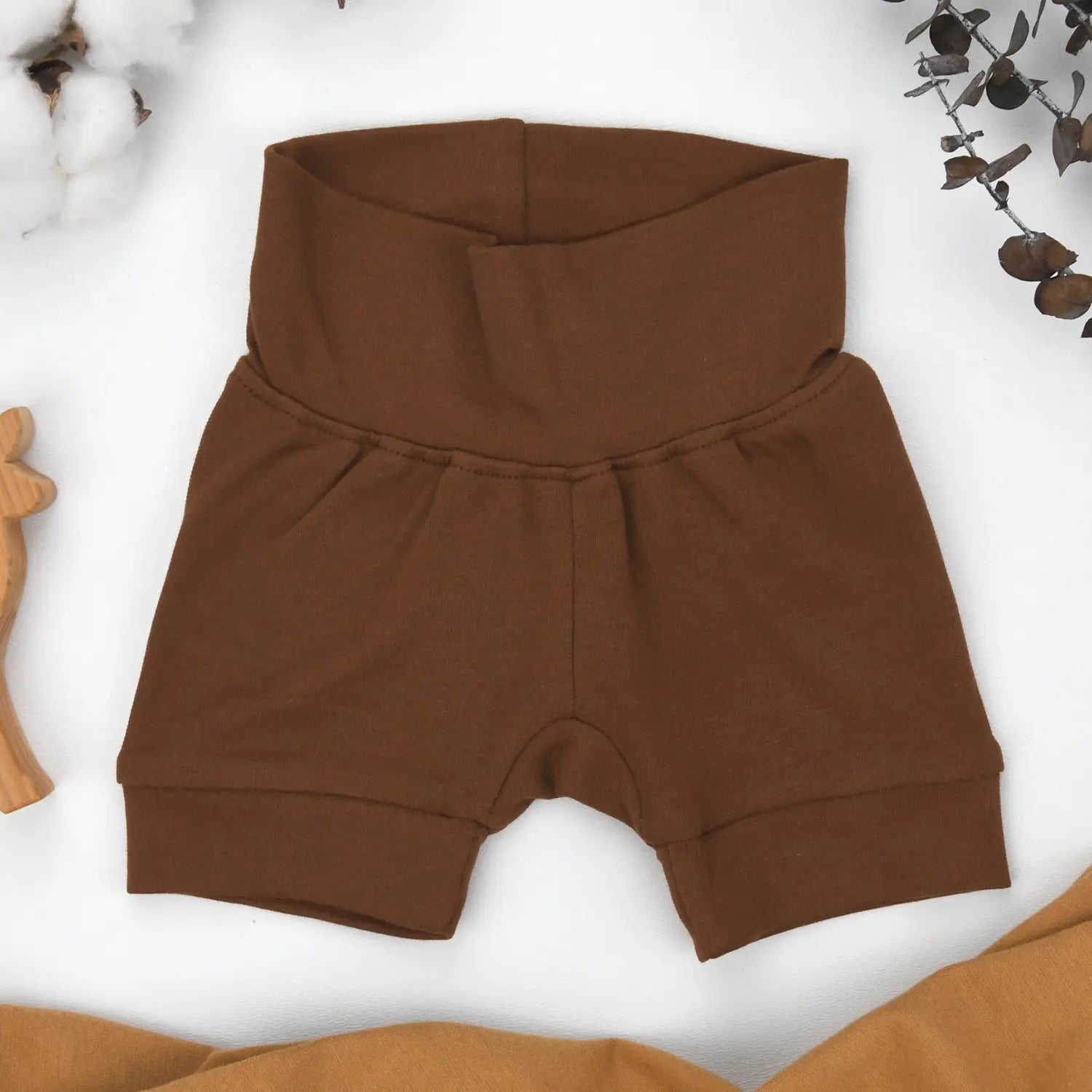 Earthy Organic Cotton High Waist Baby Shorts, Chestnut - 