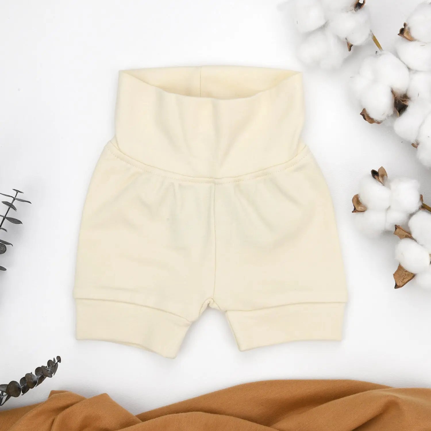 Earthy Organic Cotton High Waist Baby Shorts, Natural - 