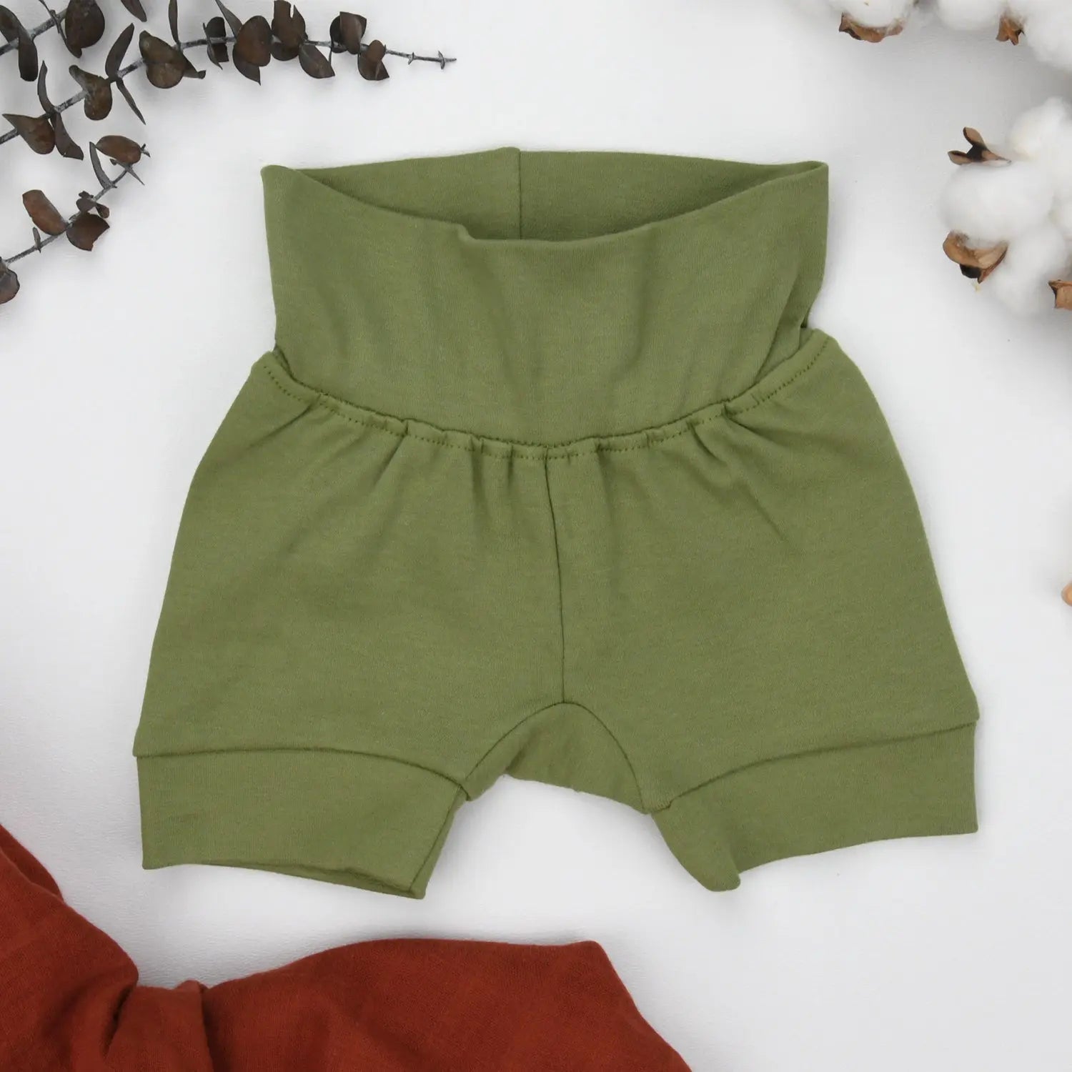 Earthy Organic Cotton High Waist Baby Shorts, Oregano - 