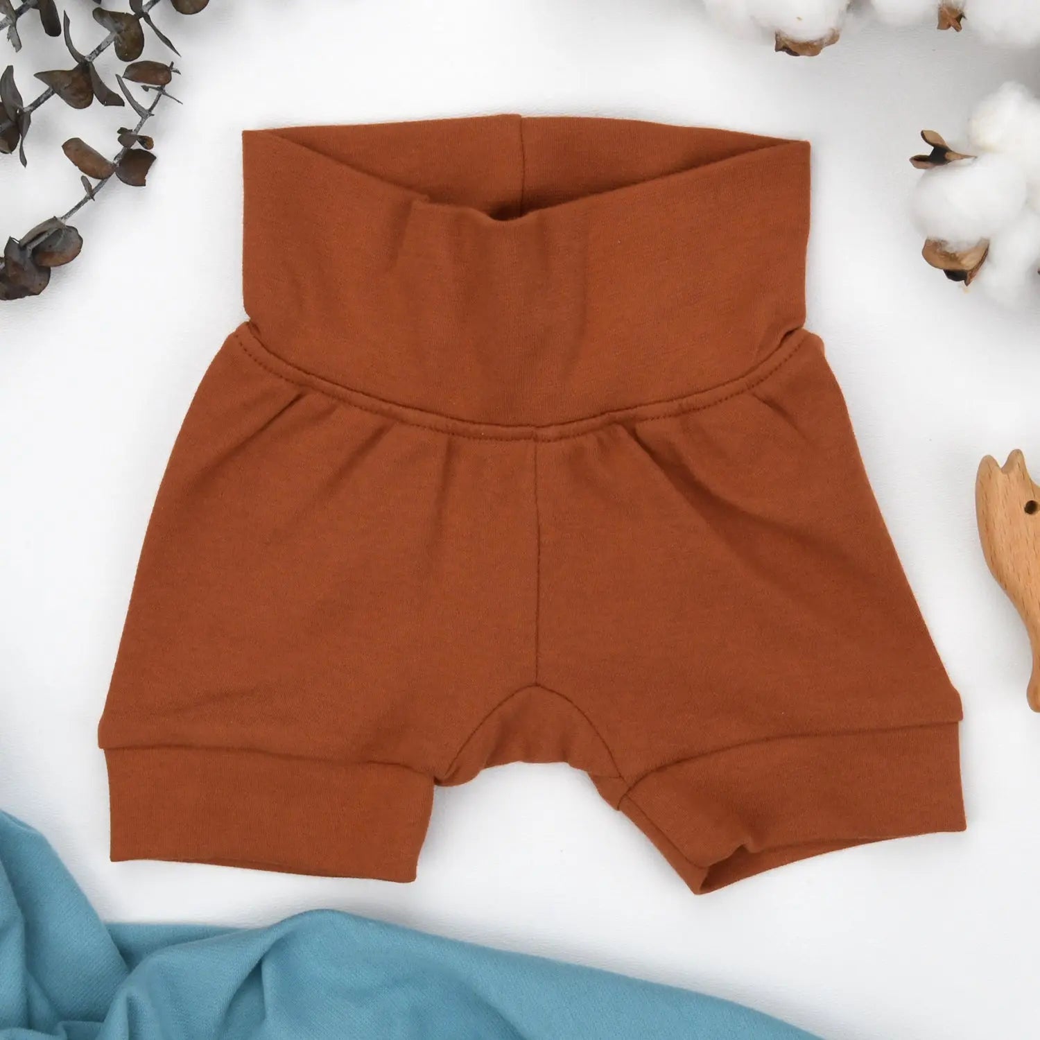 Earthy Organic Cotton High Waist Baby Shorts, Pecan - 