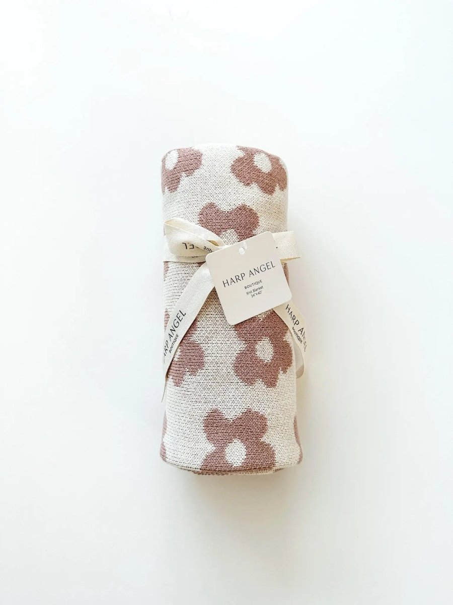 Harp Angel Boutique Organic Cotton Knitted Baby Blanket with Mocha Daisy Design for Infants - 