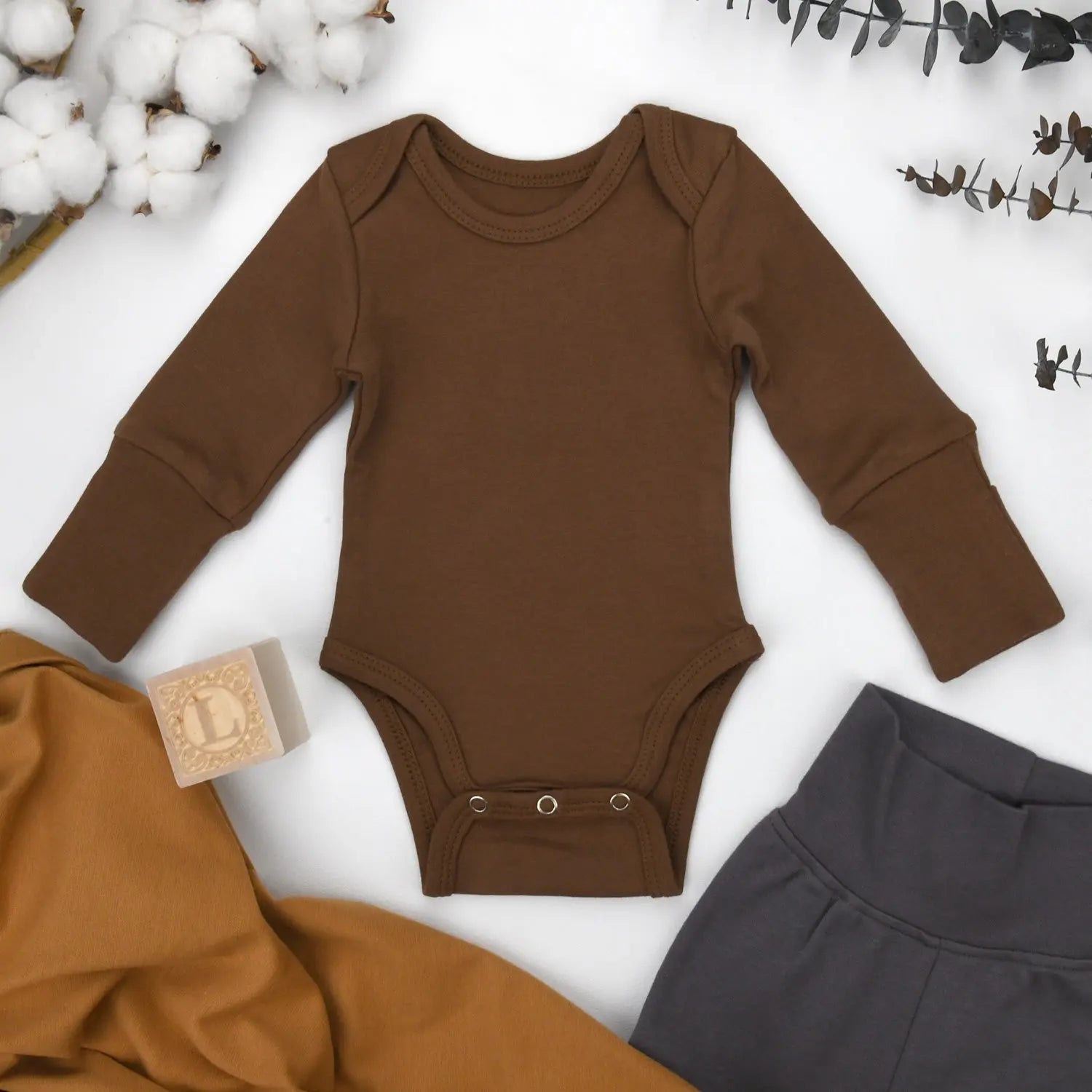 Earthy Organic Cotton Long Sleeve Baby Bodysuit, Bark - 
