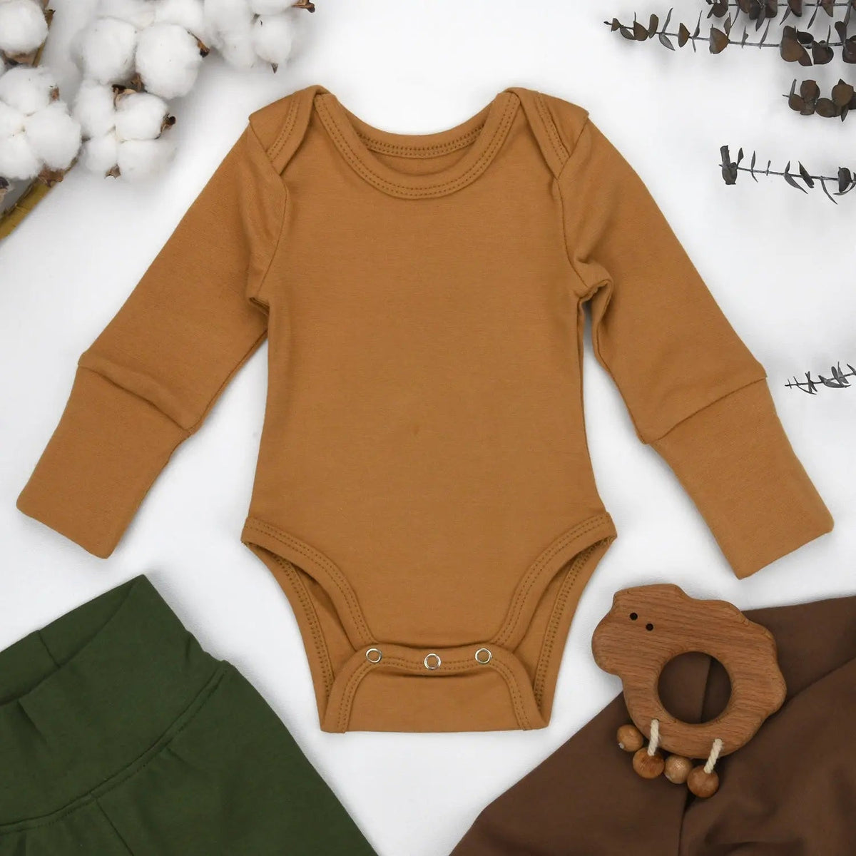 Earthy Organic Cotton Long Sleeve Baby Bodysuit, Camel - 