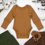 Earthy Organic Cotton Long Sleeve Baby Bodysuit, Camel - 