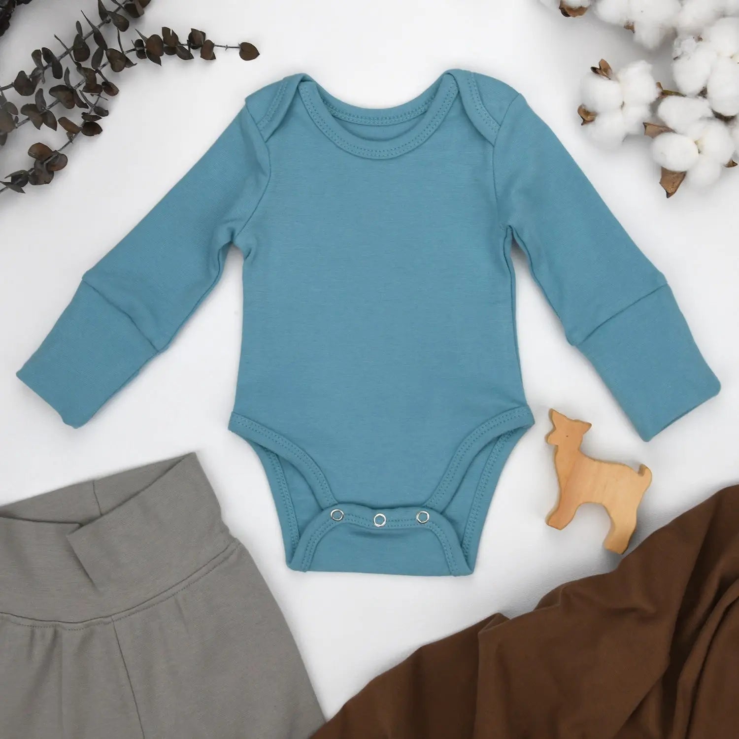 Earthy Organic Cotton Long Sleeve Baby Bodysuit, Sky - 