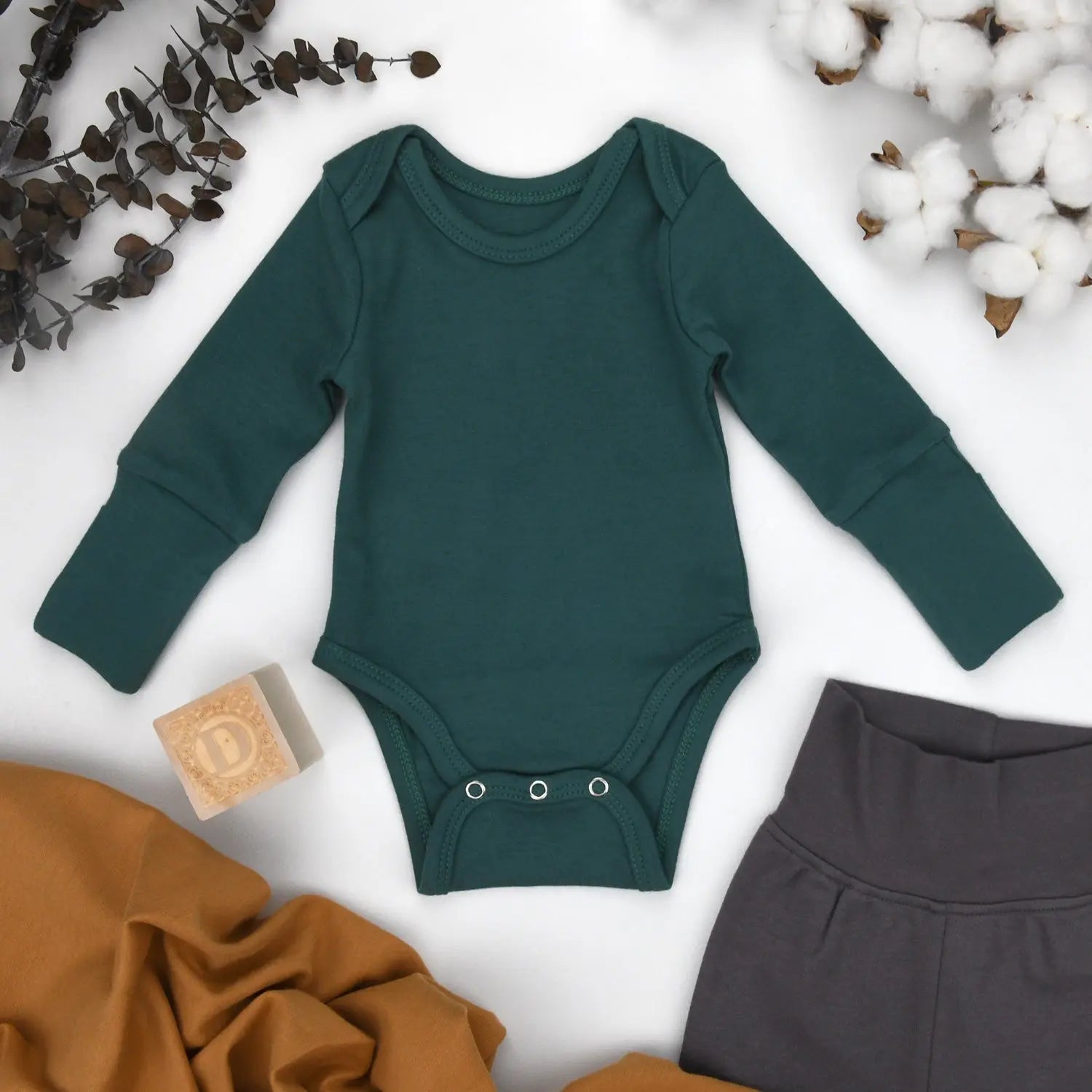 Earthy Organic Cotton Long Sleeve Baby Bodysuit, Topaz - 