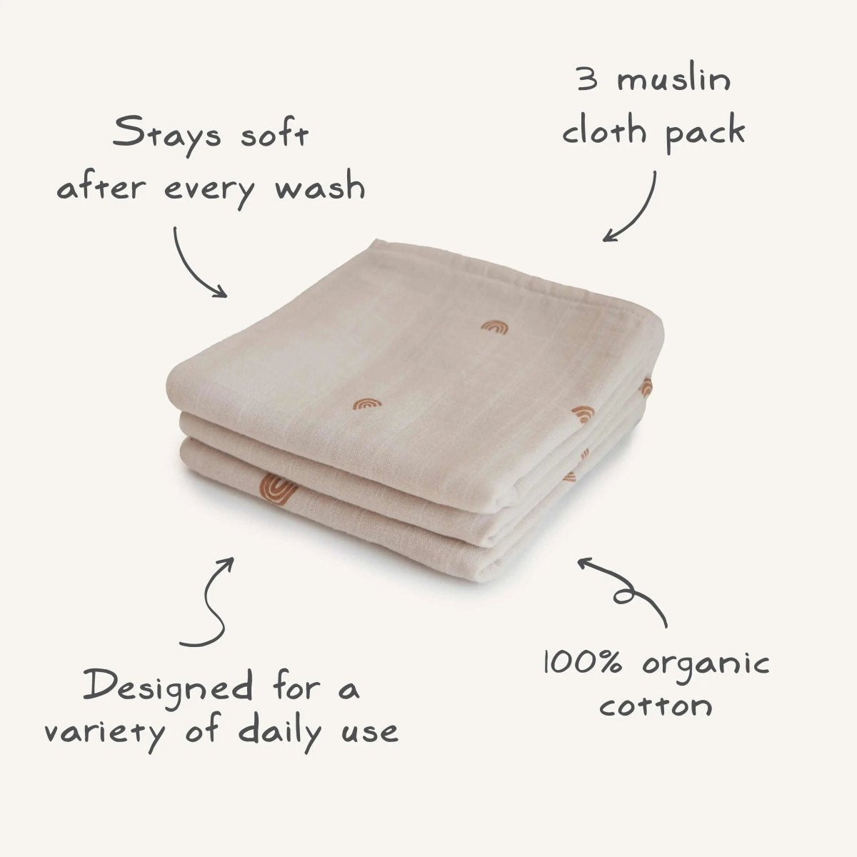 Mushie Organic Cotton Muslin Cloths 3 Pack Extra Soft Versatile Nursery Essentials - 