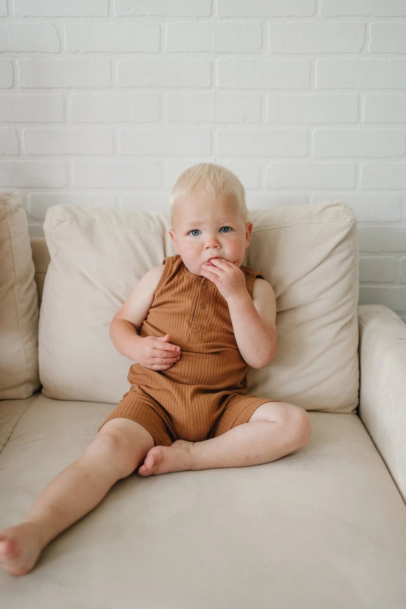 Little Joy Co. Organic Cotton Ribbed Sleeveless Romper With Henley Front - Everetts Place Boutique - 