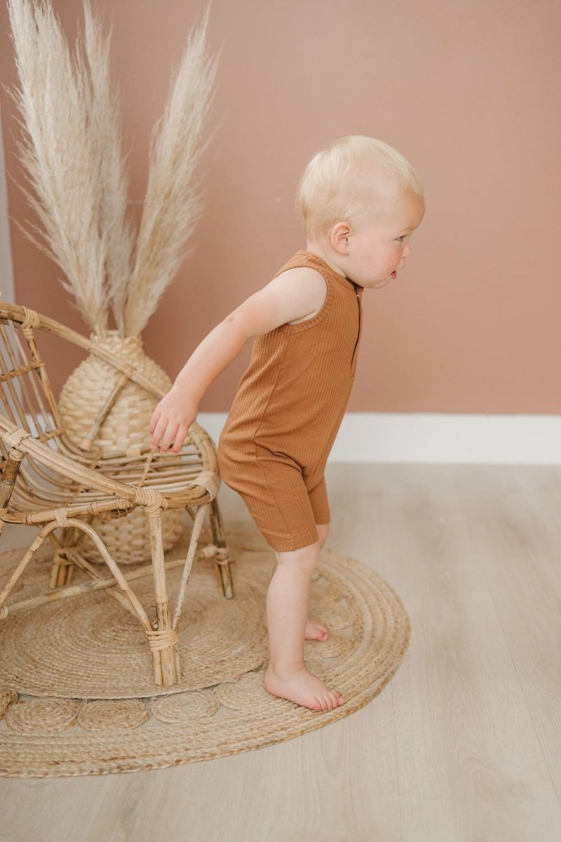 Little Joy Co. Organic Cotton Ribbed Sleeveless Romper With Henley Front - Everetts Place Boutique - 