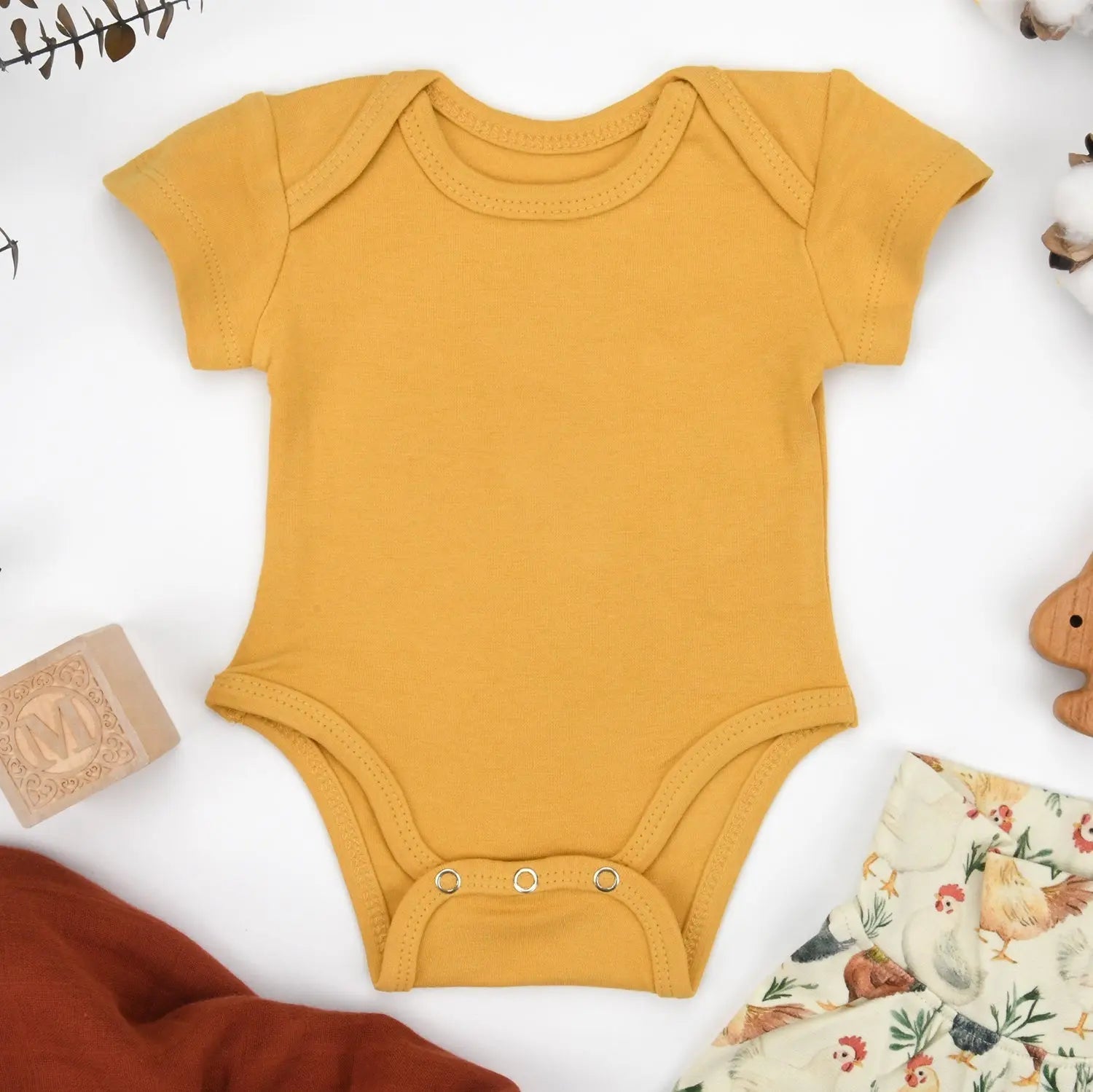 Earthy Organic Cotton Short Sleeve Baby Bodysuit, Butterscotch - 