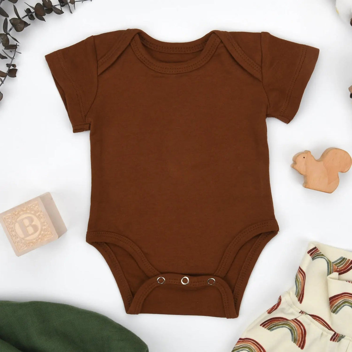Earthy Organic Cotton Short Sleeve Baby Bodysuit, Chestnut - 