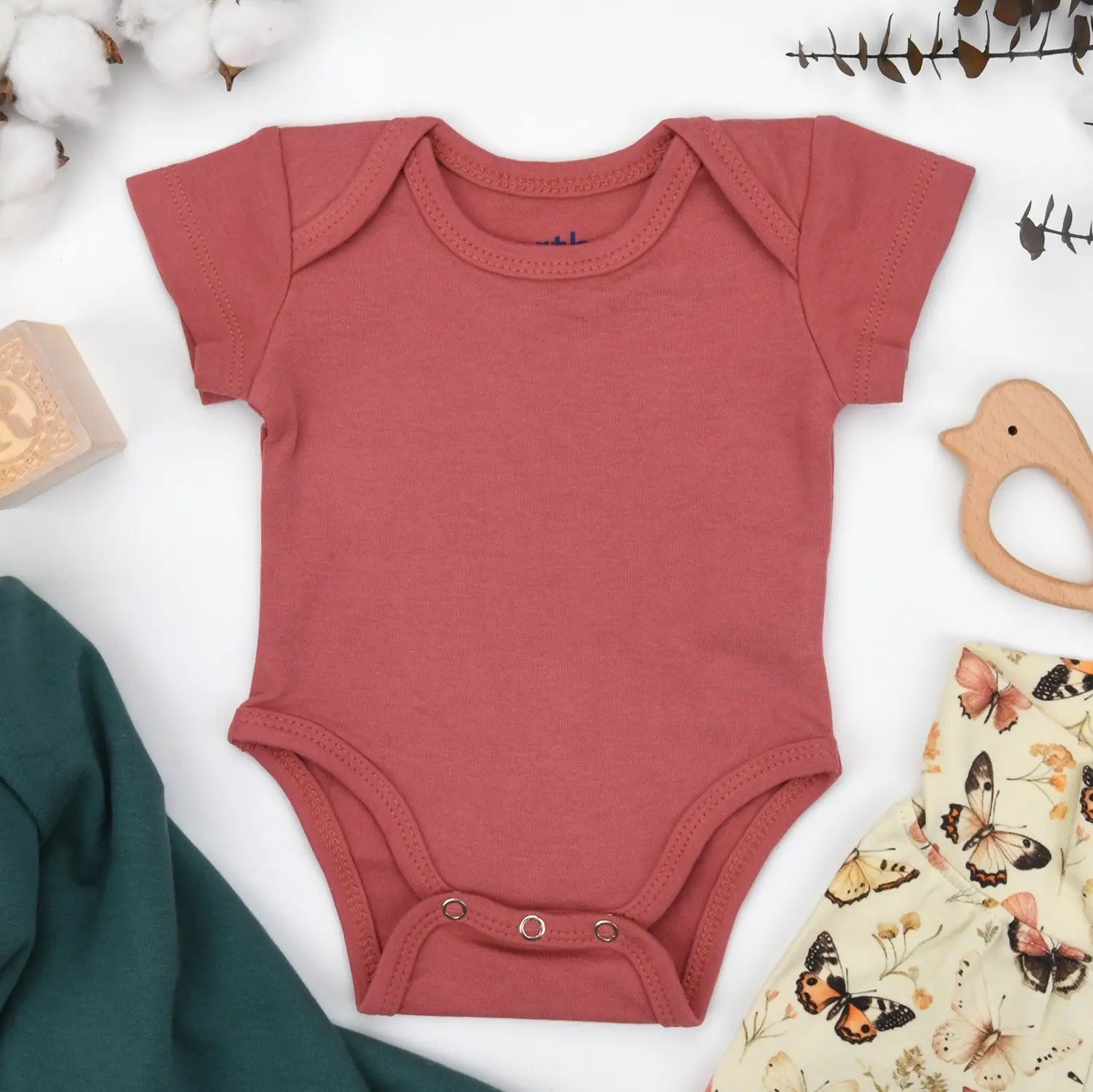 Earthy Organic Cotton Short Sleeve Baby Bodysuit, Dusty Rose - 