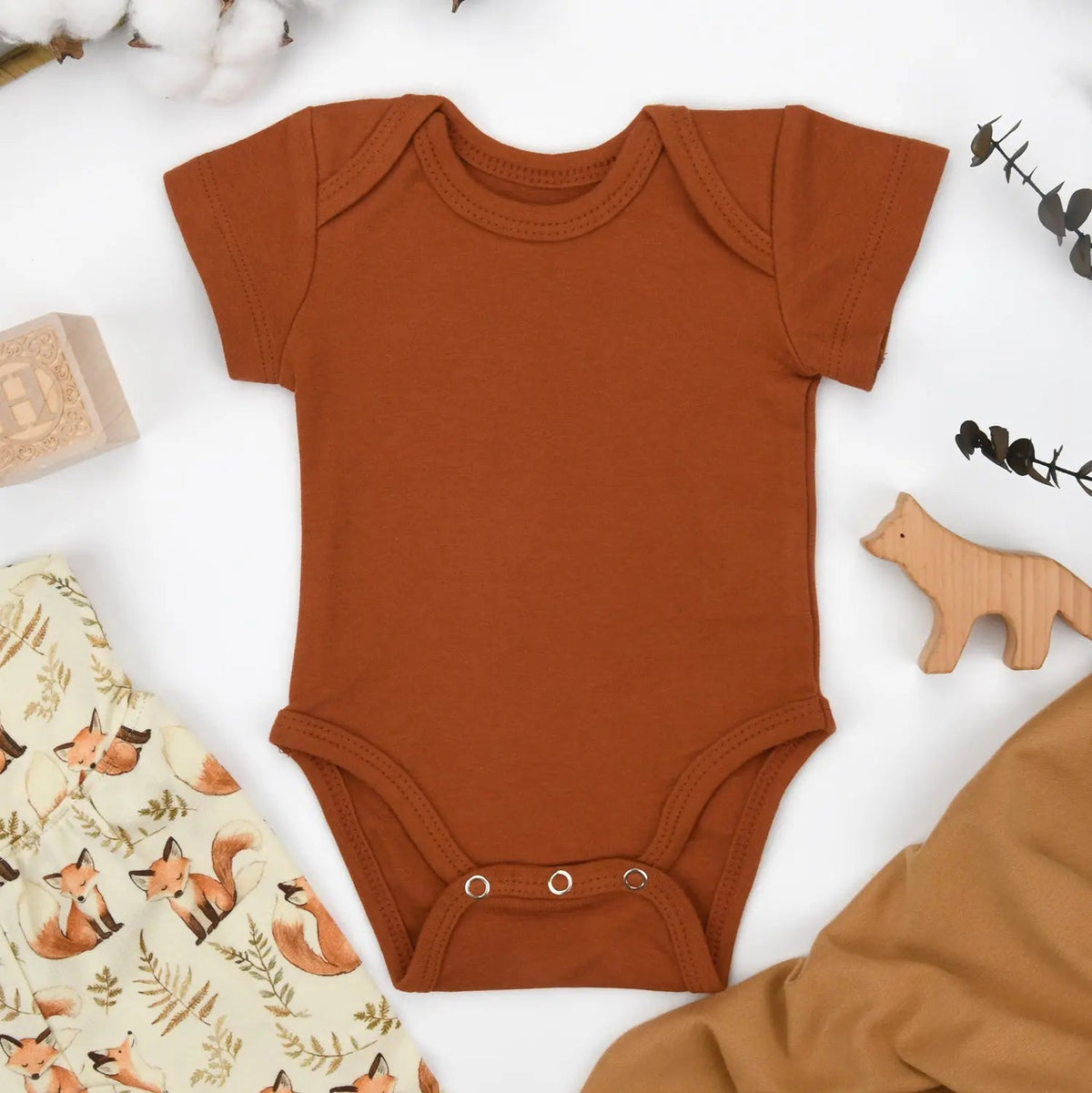 Earthy Organic Cotton Short Sleeve Baby Bodysuit, Pecan - 