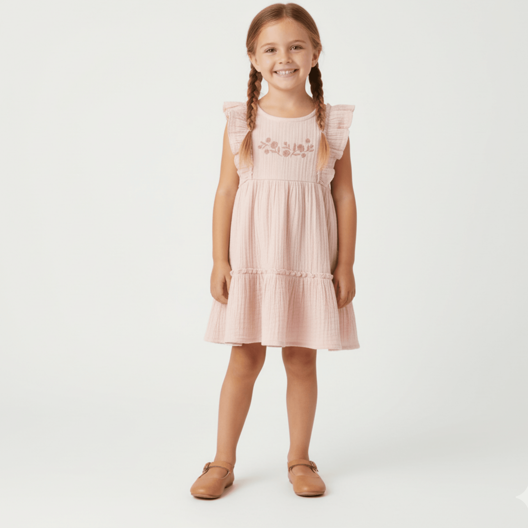 Organic Embroidered Tiered Dress - Blush - Dress, Day Dress, One-piece garment, Cocktail dress, Ruffle | Everetts Place