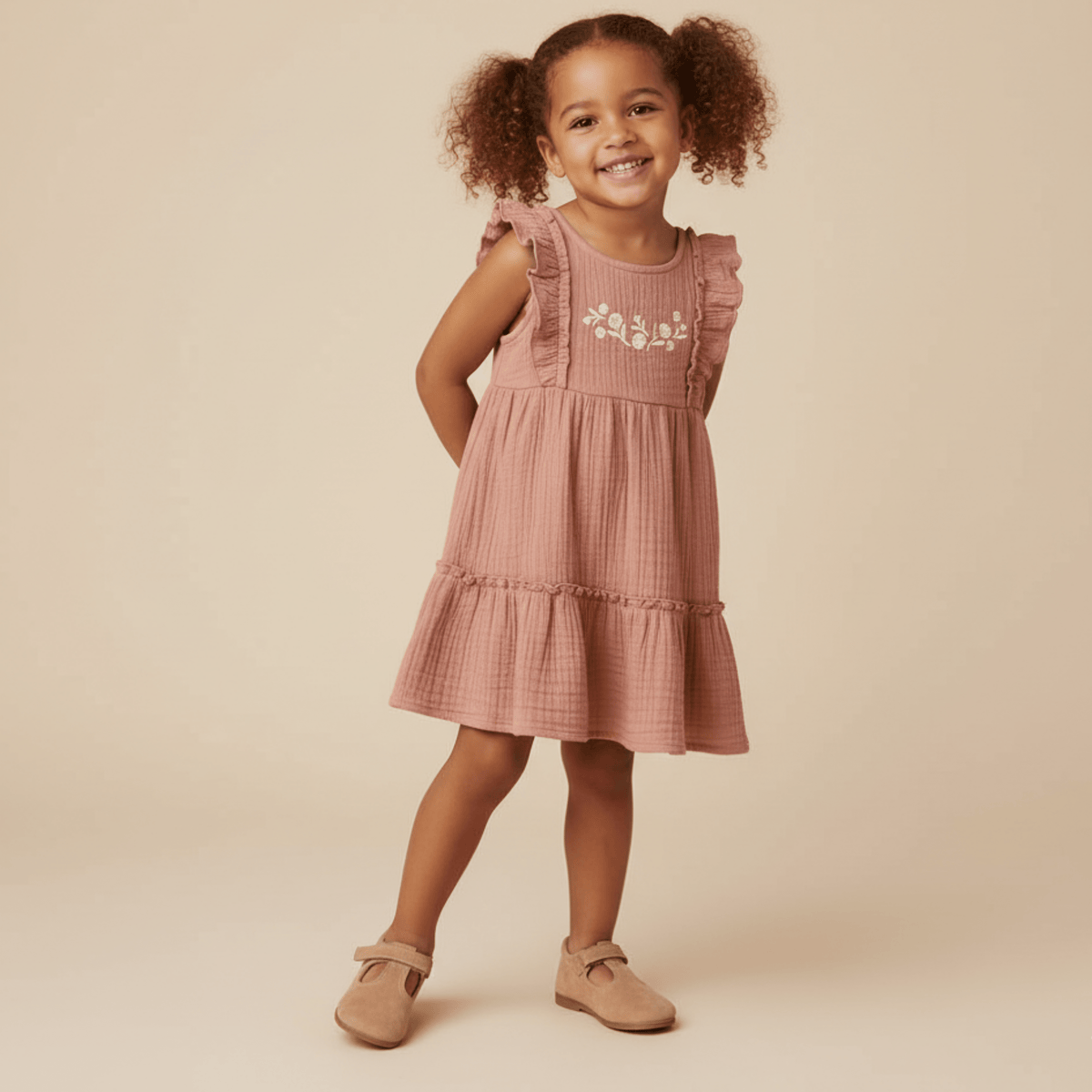 Organic Embroidered Tiered Dress - Clay - Day Dress, One-piece garment, Brown, Pink, Ruffle | Everetts Place