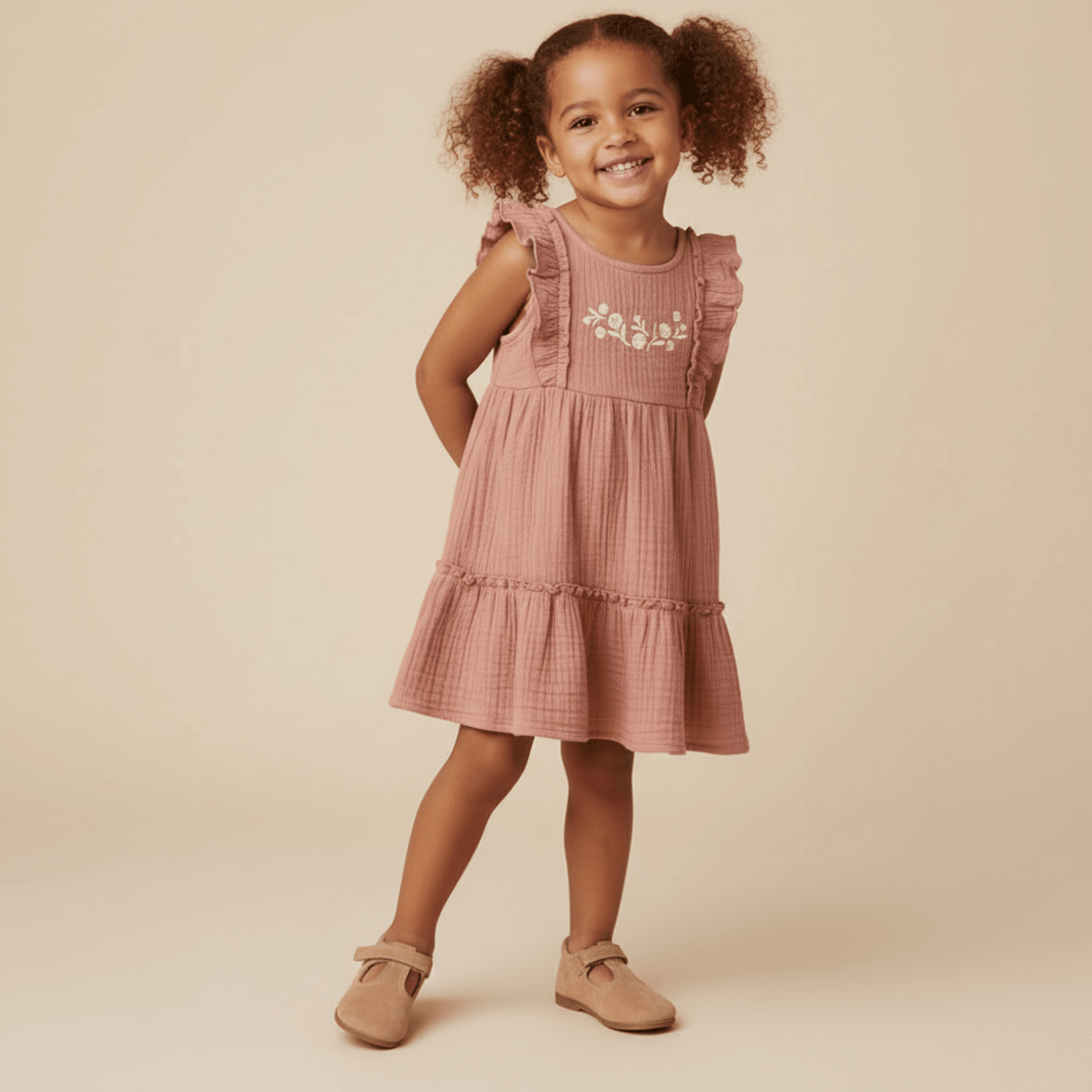Organic Embroidered Tiered Dress - Clay - Day Dress, One-piece garment, Brown, Pink, Ruffle | Everetts Place