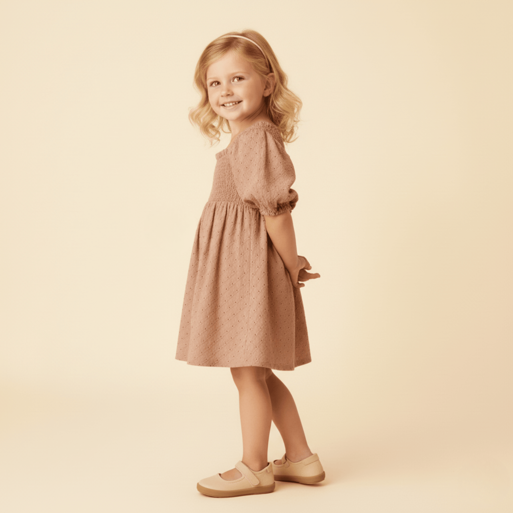 Makemake Organics Organic Eyelet Bubble Sleeve Dress - Clay Eyelet