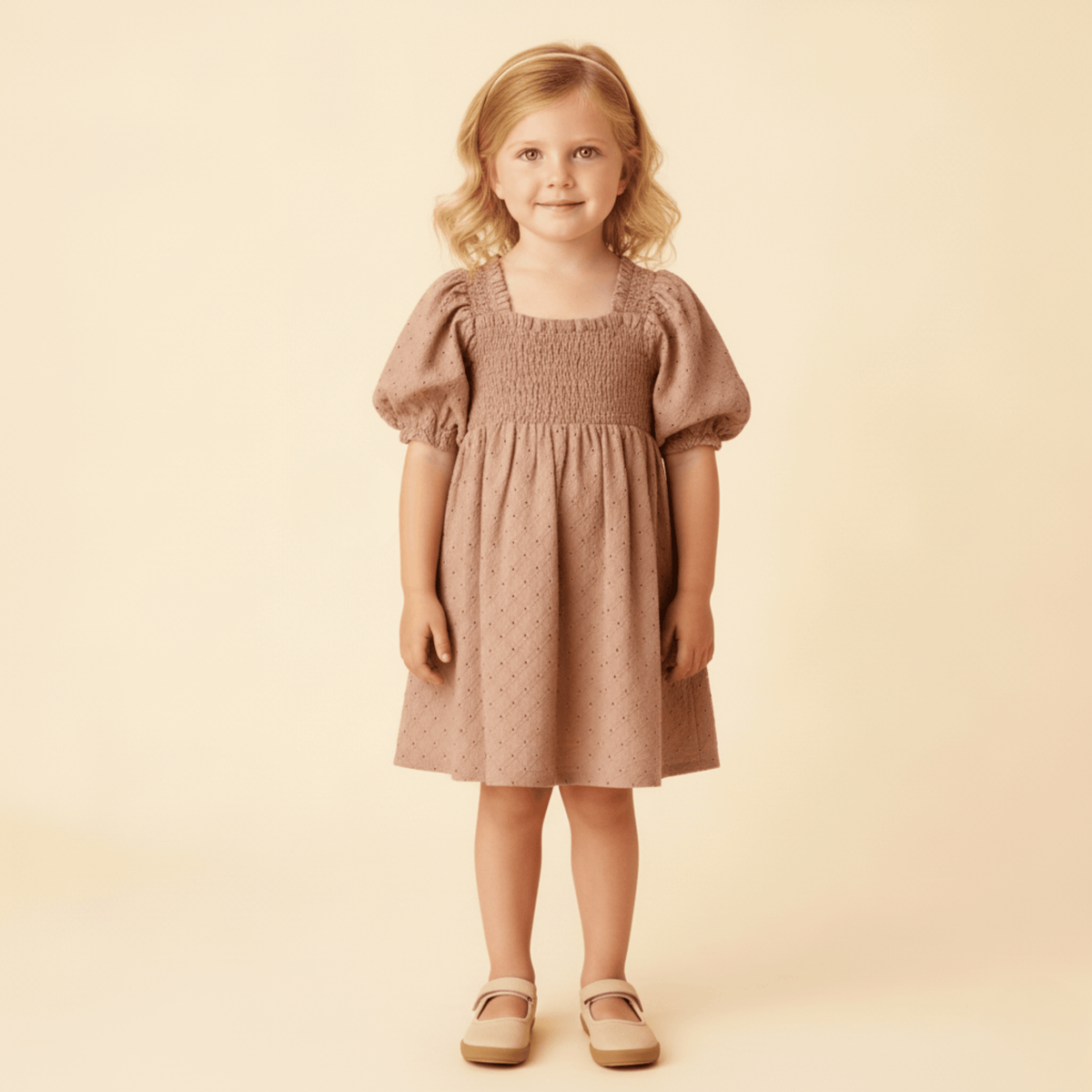 Organic Eyelet Bubble Sleeve Dress - Clay Eyelet - Sleeve, Fashion, Dress, Textile, One-piece garment | Everetts Place