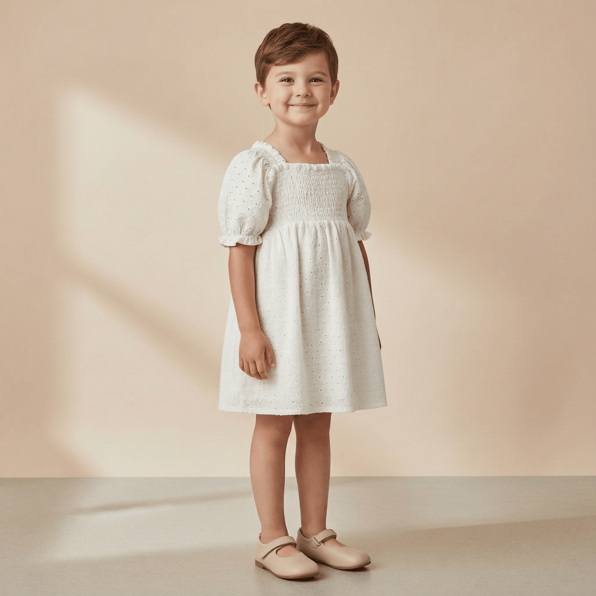 Organic Eyelet Bubble Sleeve Dress - Ivory Eyelet - Dress, Fashion, One-piece garment, Day Dress, Pink | Everetts Place