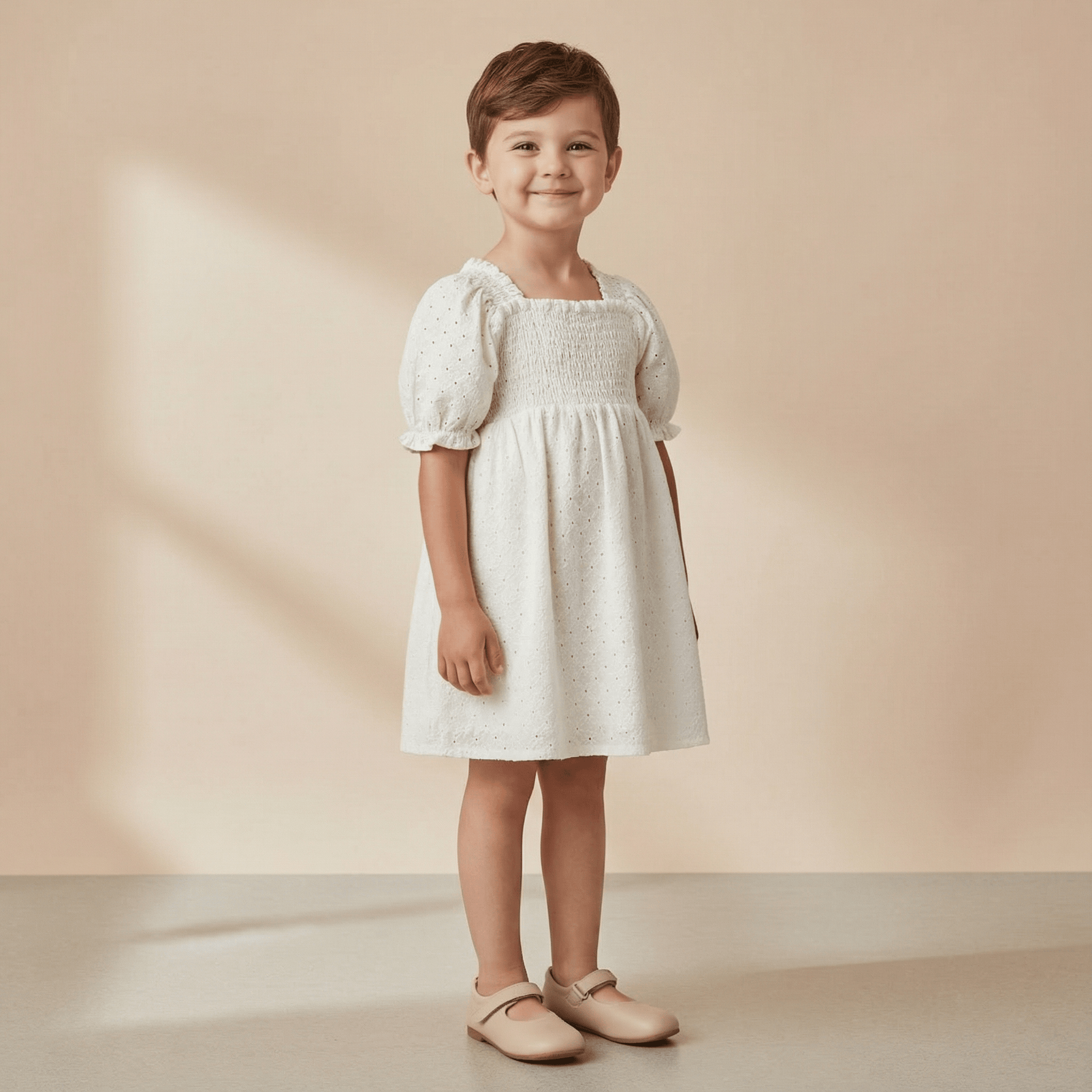 Organic Eyelet Bubble Sleeve Dress - Ivory Eyelet - Dress, Fashion, One-piece garment, Day Dress, Pink | Everetts Place