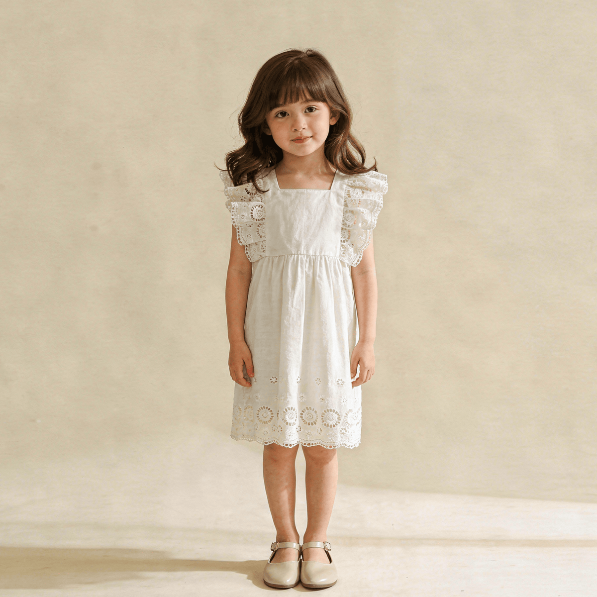 Makemake Organics Organic Eyelet Flutter Dress - Ivory Eyelet