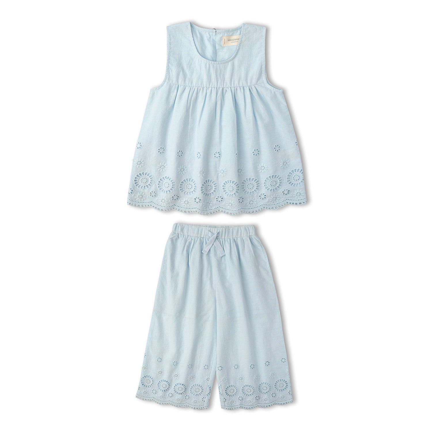 Makemake Organics Organic Eyelet Top And Pant Set - Light Blue Eyelet