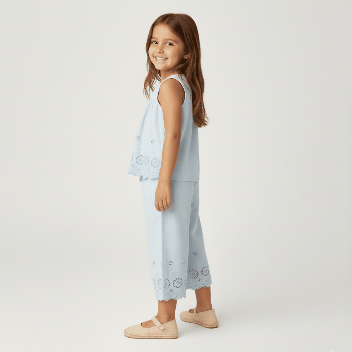 Makemake Organics Organic Eyelet Top And Pant Set - Light Blue Eyelet