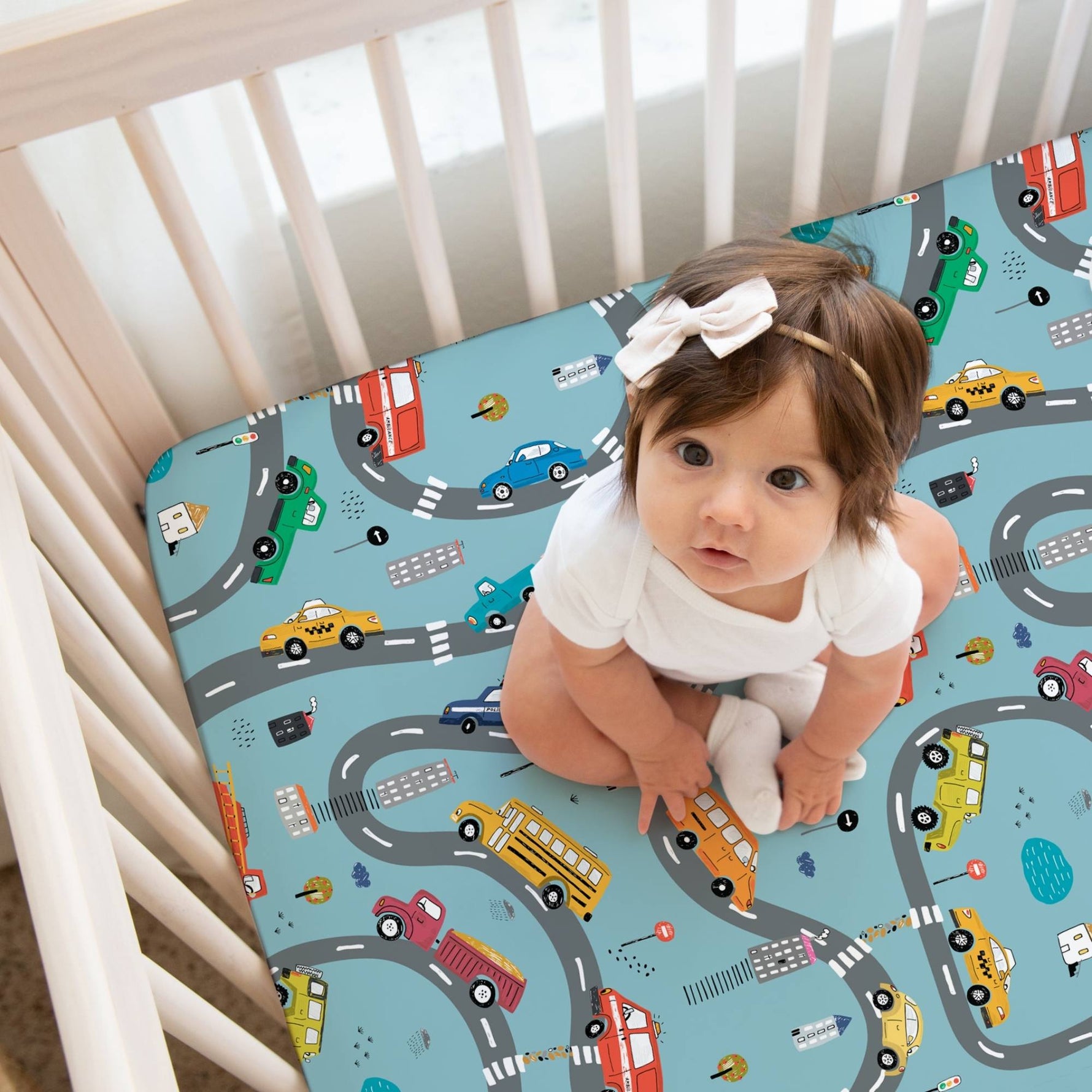Norani Baby Organic Fitted Crib Sheet Cars GOTS Certified for Safe Sleep Comfort - 