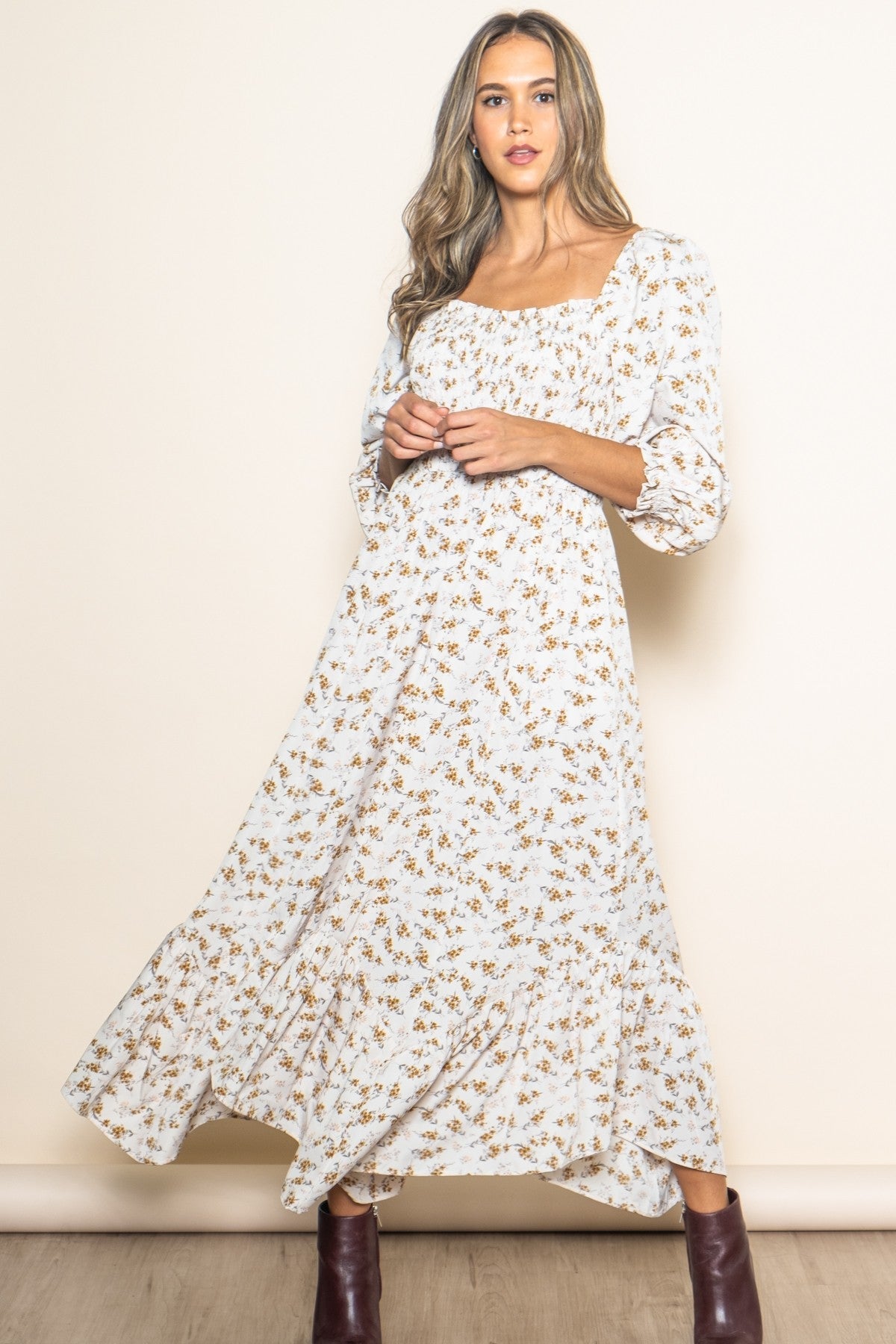 Maternity Floral Smocked Handkerchief Hem Maxi Dress