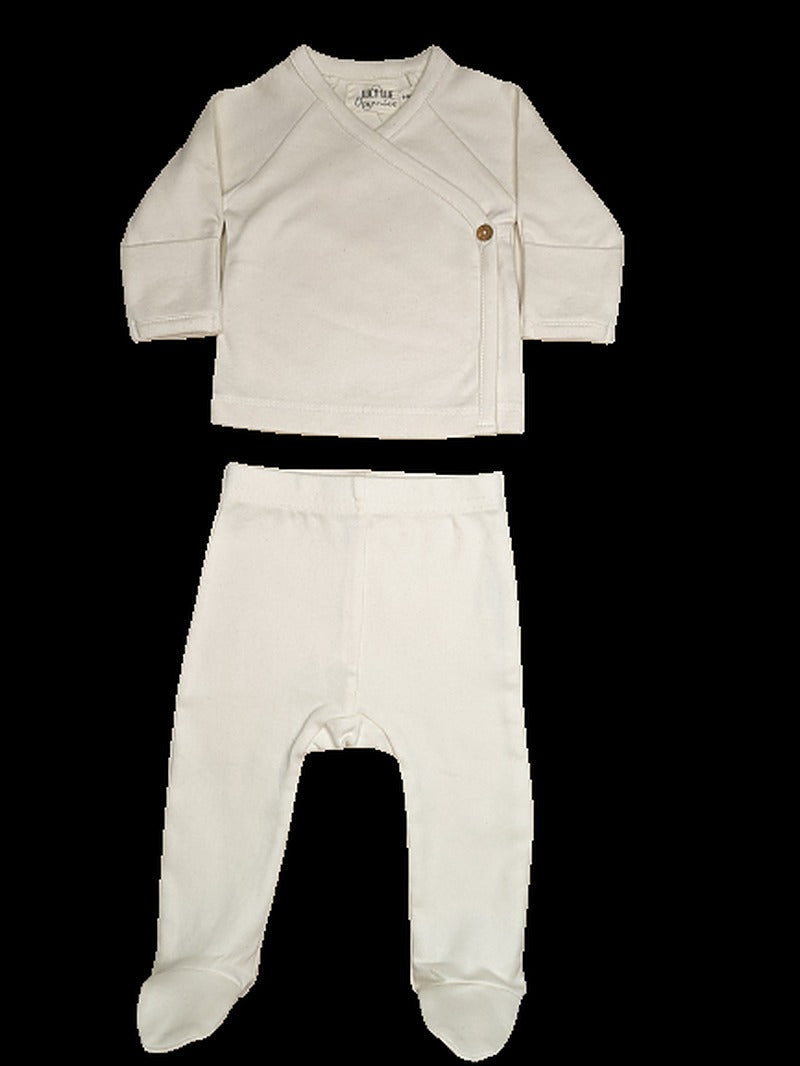 Undyed organic newborn kimono wrap top with side buttons and matching footed pants with fold-over hand mittens