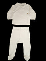 Undyed organic newborn kimono wrap top with side buttons and matching footed pants with fold-over hand mittens