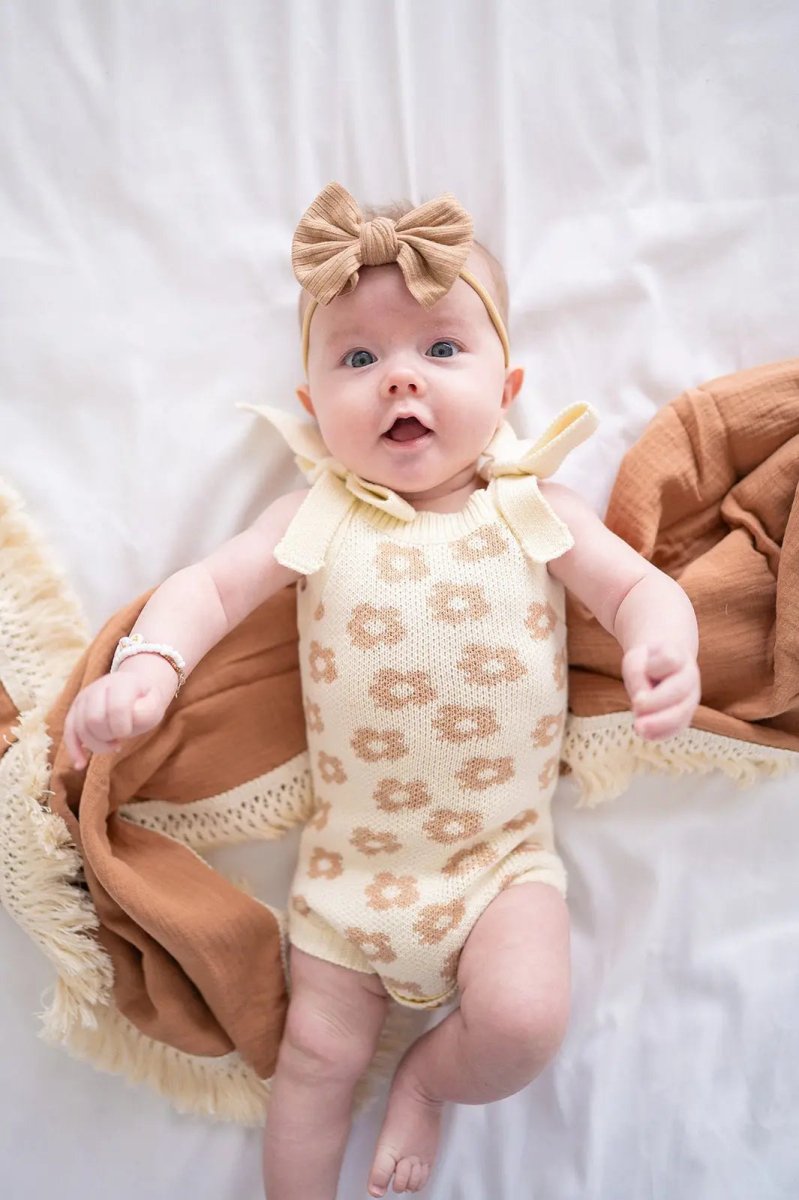 Harp Angel Boutique Organic Knit Romper with Daisy Design for Comfortable Infants - 