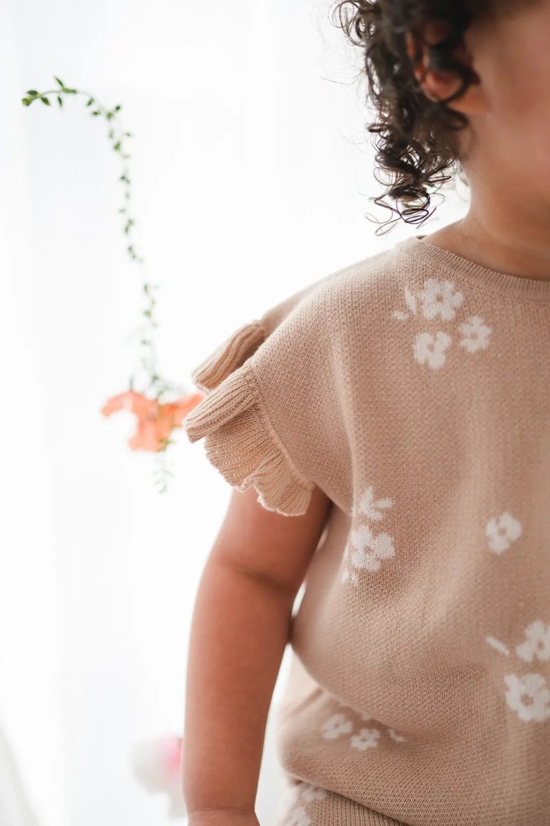 Harp Angel Boutique Organic Knit Short Set with Ruffle Sleeves for Casual Women - 