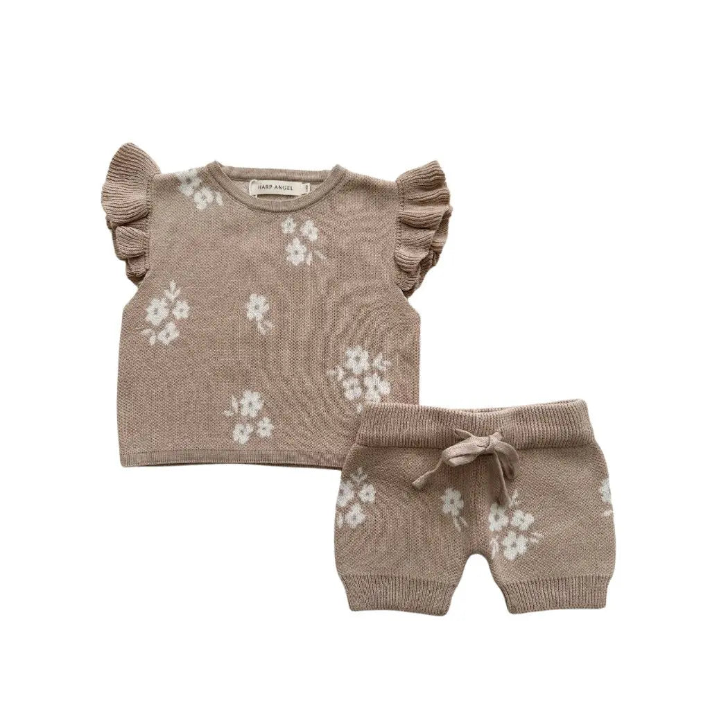 Organic Knit Short Set - Tan Floral - Textile, Baby & Toddler Clothing, Button, Pattern, Pocket | Everetts Place