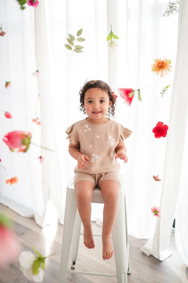 Harp Angel Boutique Organic Knit Short Set with Ruffle Sleeves for Casual Women - 