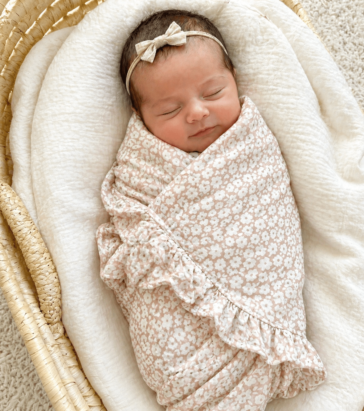 Harp Angel Boutique Organic Muslin Swaddle Blanket - Mocha Ditsy Floral Ruffle