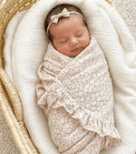 Harp Angel Boutique Organic Muslin Swaddle Blanket - Mocha Ditsy Floral Ruffle