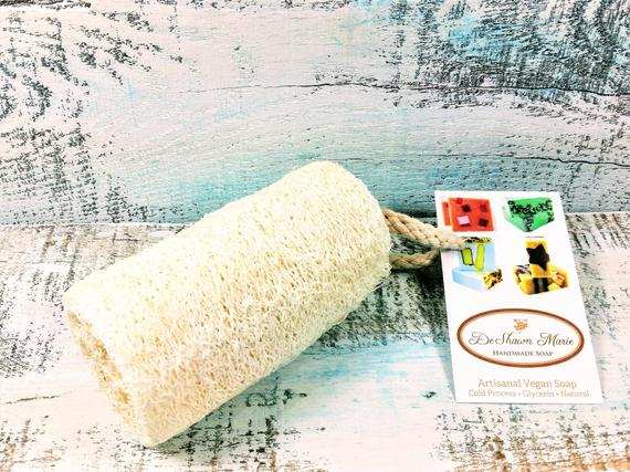 Organic natural 4-inch loofah exfoliant with soap.