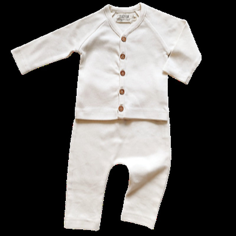 Two-piece newborn set with button-front top and pants in undyed natural cotton
