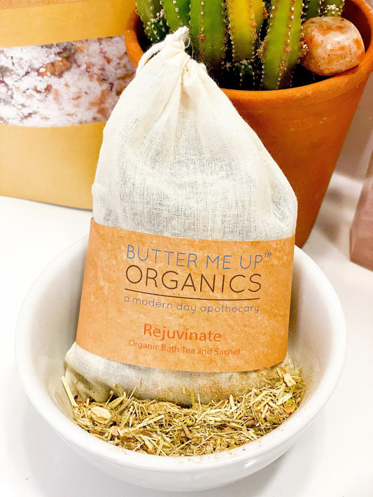 Organic Rejuvenating Bath Tea Sachet With Calamus Root Lemon Peel Jasmine Flowers Oatstraw And Pink Rose Butter Me Up Organics