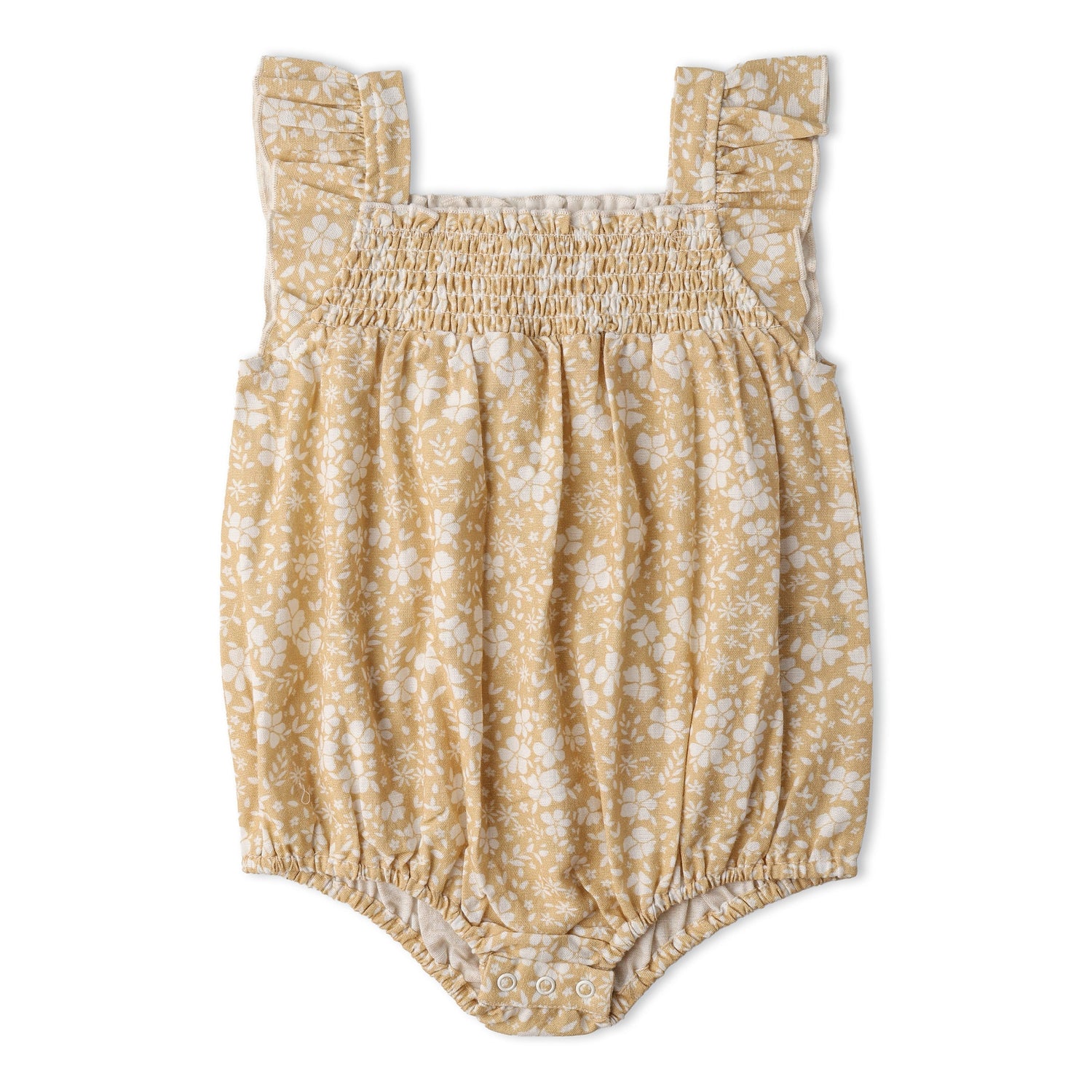 Makemake Organics Organic Ruffle Sleeve Bubble Romper - Yellow Blossom